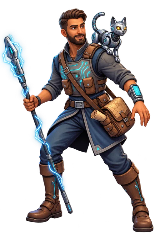 Arin Vale with his arc staff and mechanical companion